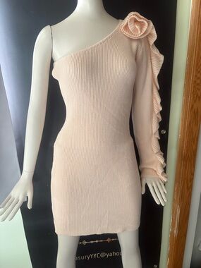 Fashion Nova One-Shoulder Ruffle Knit Dress in Blush